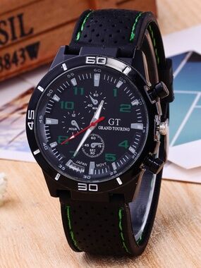 GT GRAND TOURING LARGE 2" DIAL ANALOG BLACK STAINLESS STEEL MEN'S WRIST WATCH